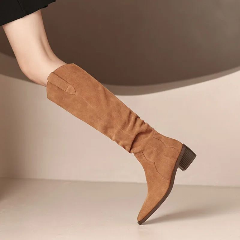 Autumn and Winter Knee-High Boots Women Genuine Leather 5CM Coarse Following Slip on Ladies Shoe Retro Slim Pleated Knight Boots