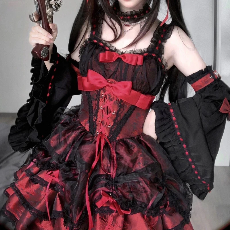 Y2k Japanese Gothic Lolita Jsk Dress Women Harajuku Bow Lace