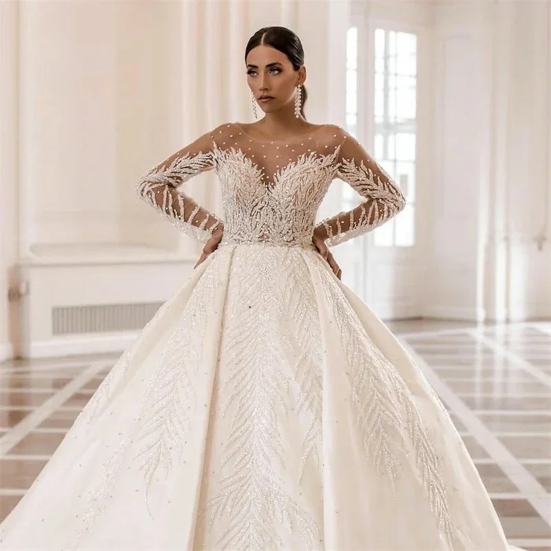 

Customized New Long Sleeve Wedding Dress Sweetheart Beaded Backless A-Line Women Bride Gown Plus Size Vestidos De Novia
