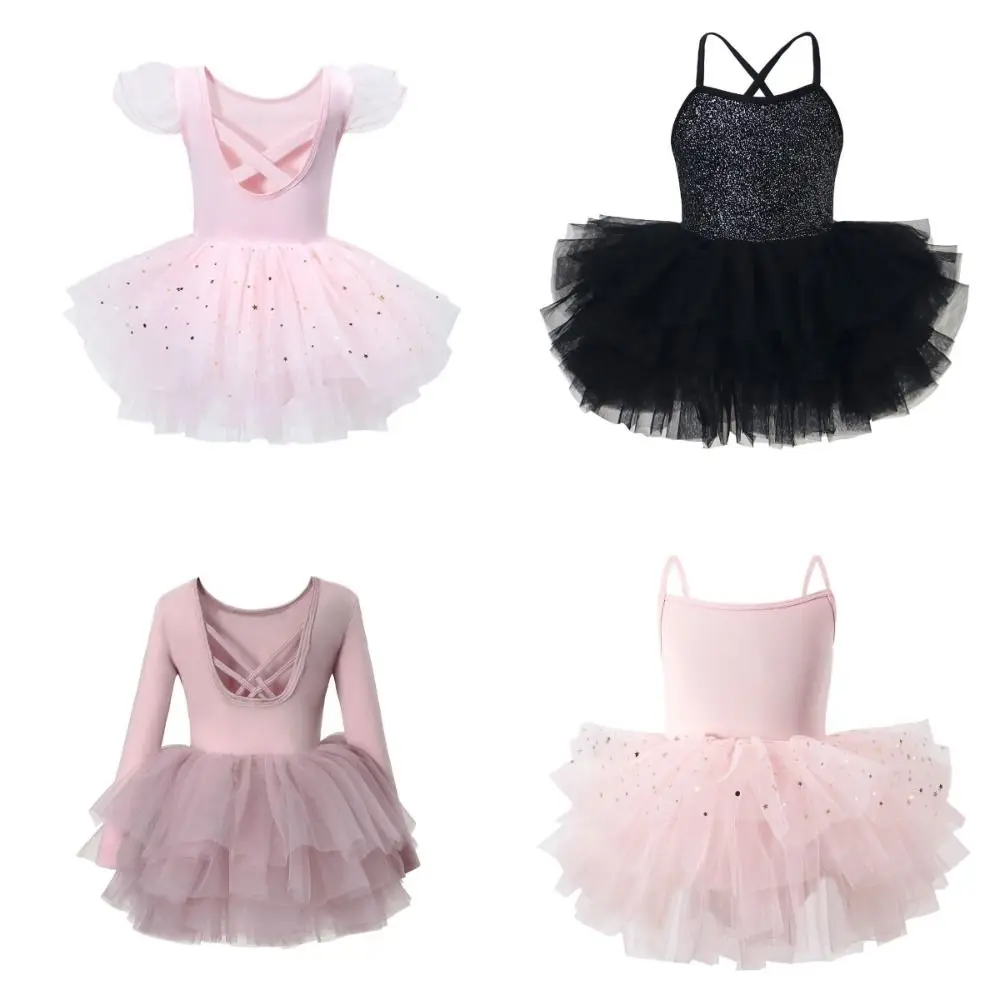 Pailletten-Ballett-Tutu-Kleid für Mädchen, flauschiges Ballerina-Feenkleid mit gekreuzten Trägern, langärmlig, weiche Ballett-Performancekleidung, Gymnastik