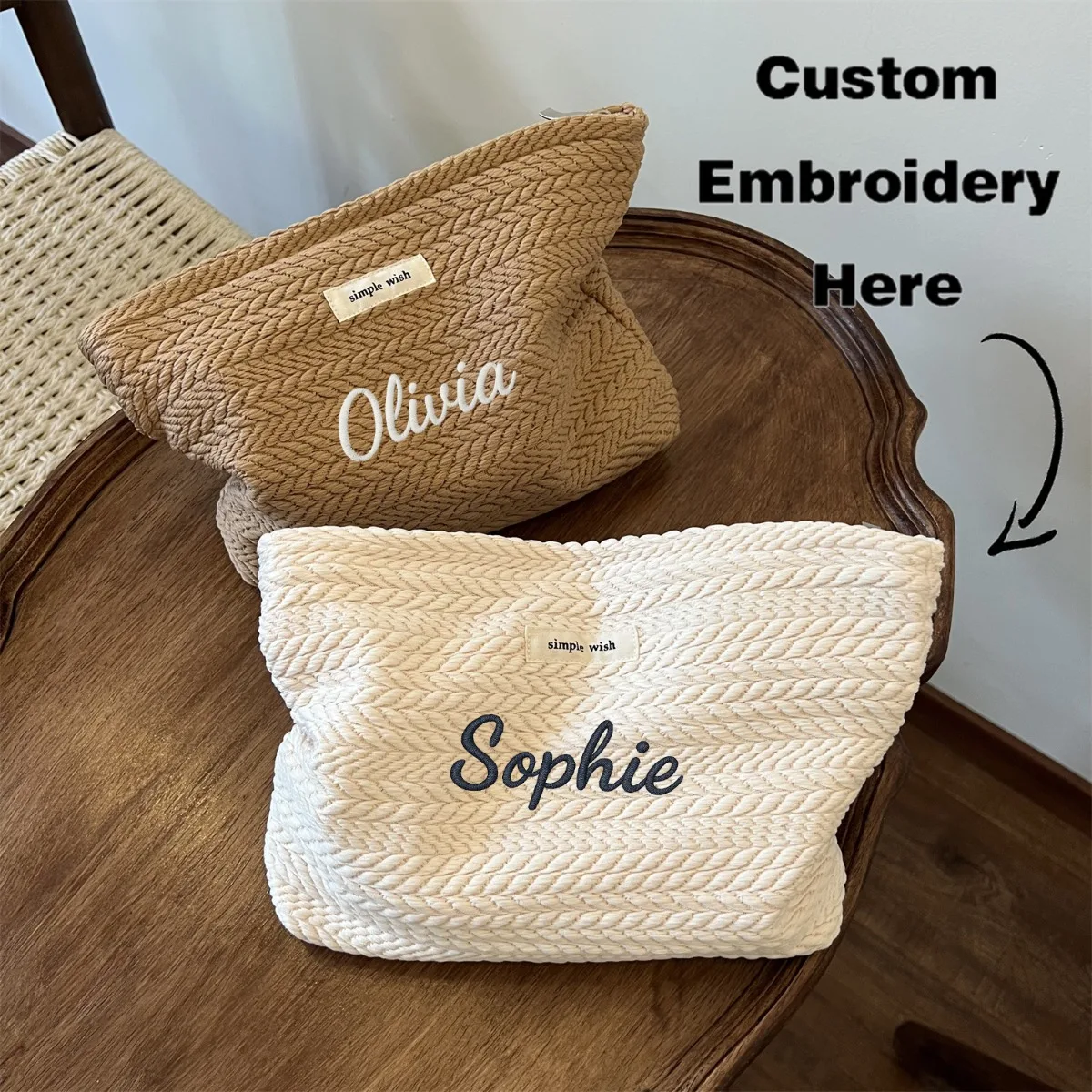 Custom Embroidered Wheat Pattern Women Tote Bag Personalized Woven Large Capacity Zipper Cosmetic Bag Portable Travel Gift