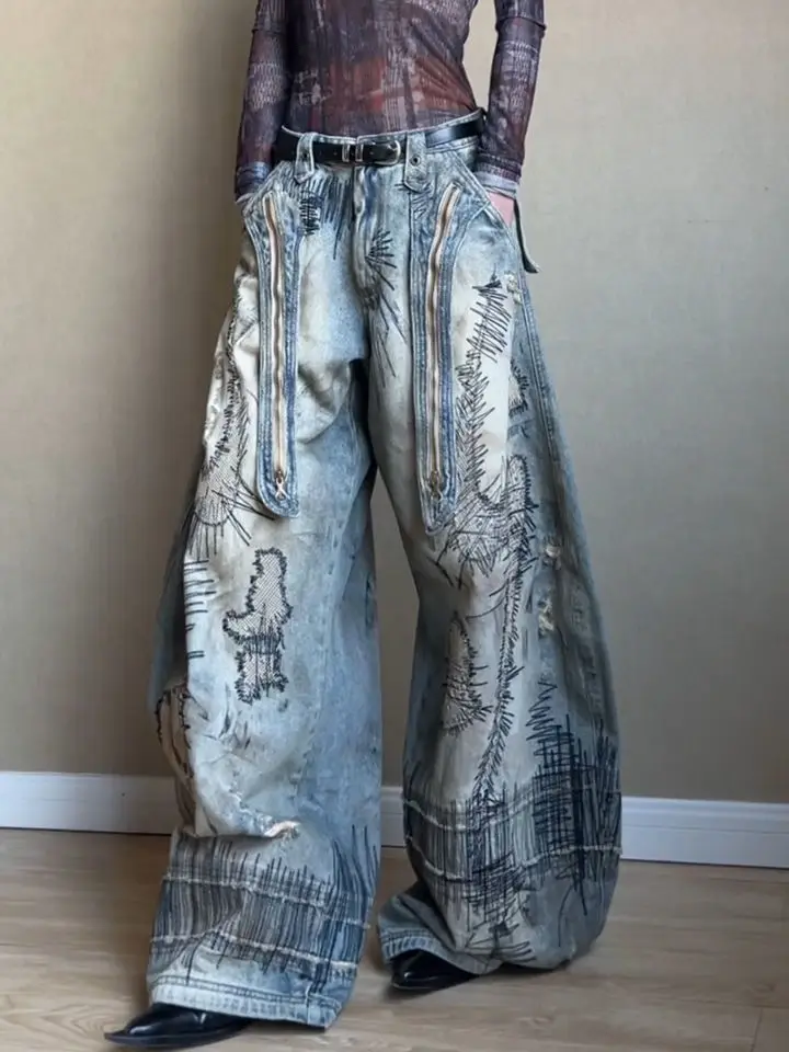 

Heavy Industry Patch Embroidery Washing Large Loose Jeans Hip-hop Harajuku Goth Wide-leg Jeans Couples Y2K New Fashion Jeans