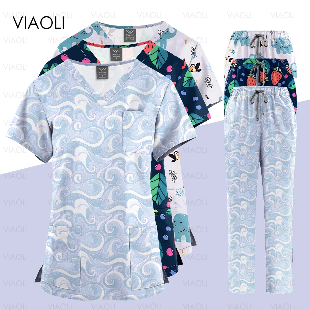 New Multicolour Printed Pharmacy Beauty Spa Uniforms Medical Nurse Scrubs Set Dentist Surgical Uniforms Elestic Women Men Suits