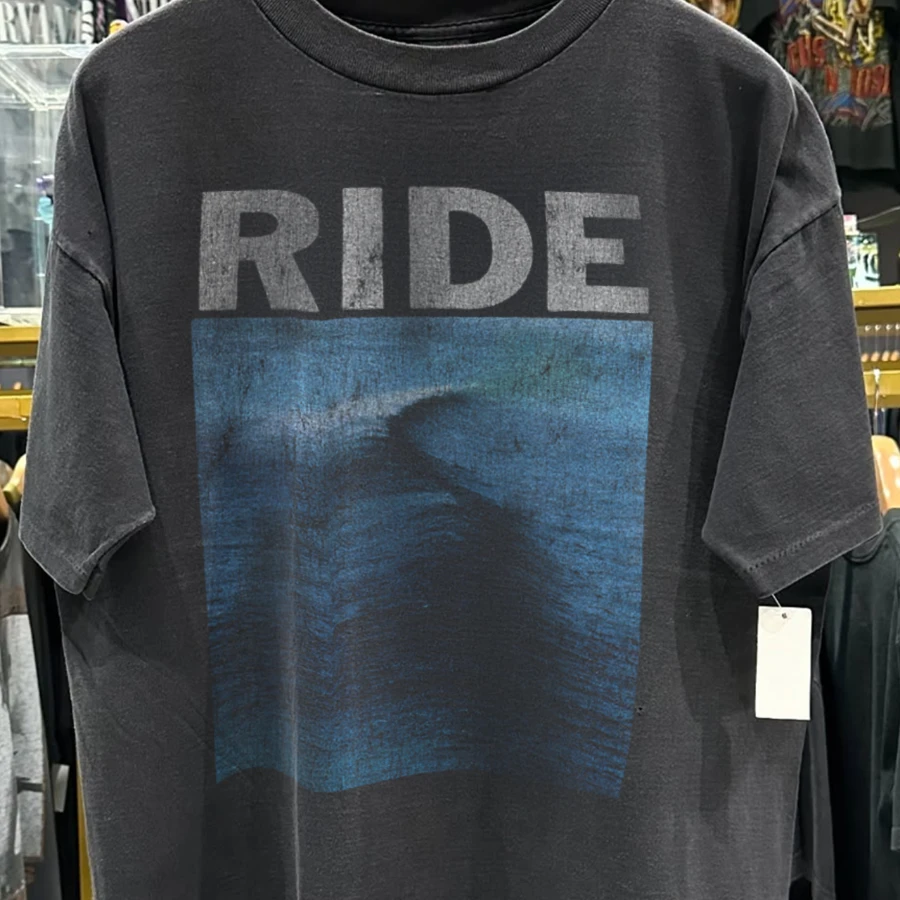 Ride Shoegaze 80s-90s Rare Grail Washed Black T-Shirt Tee Fit Y2K Style Underground Print Loose Fit Retro Grunge