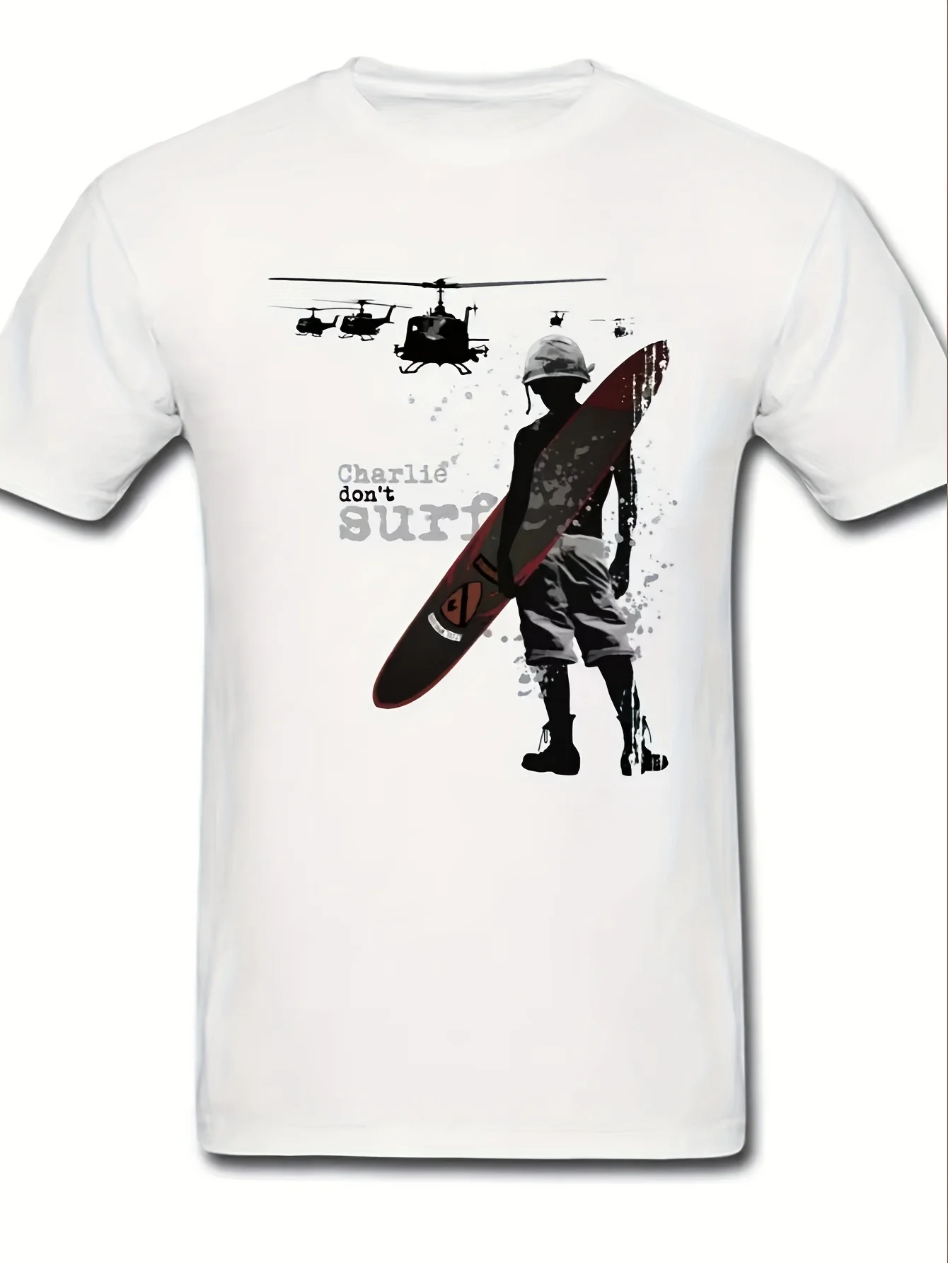 Men's Retro T-shirt | Charlie Bucket Surfing Pattern, Featuring A Helicopter and Surfboard Design for Casual City Wear