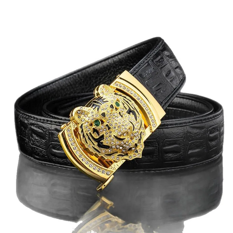 New Men's Personalized Full Rhinestone Tiger Head Alloy Automatic Buckle Leather Belt Casual Business Formal Waistband