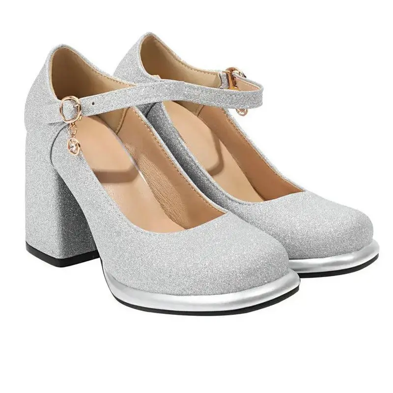 بريق بلينغ البريق الذهب والفضة مغلق تو مشبك حزام امرأة مضخات سيدة الربيع أحذية مكتنزة عالية الكعب ماري جينس أحذية الحفلات #1