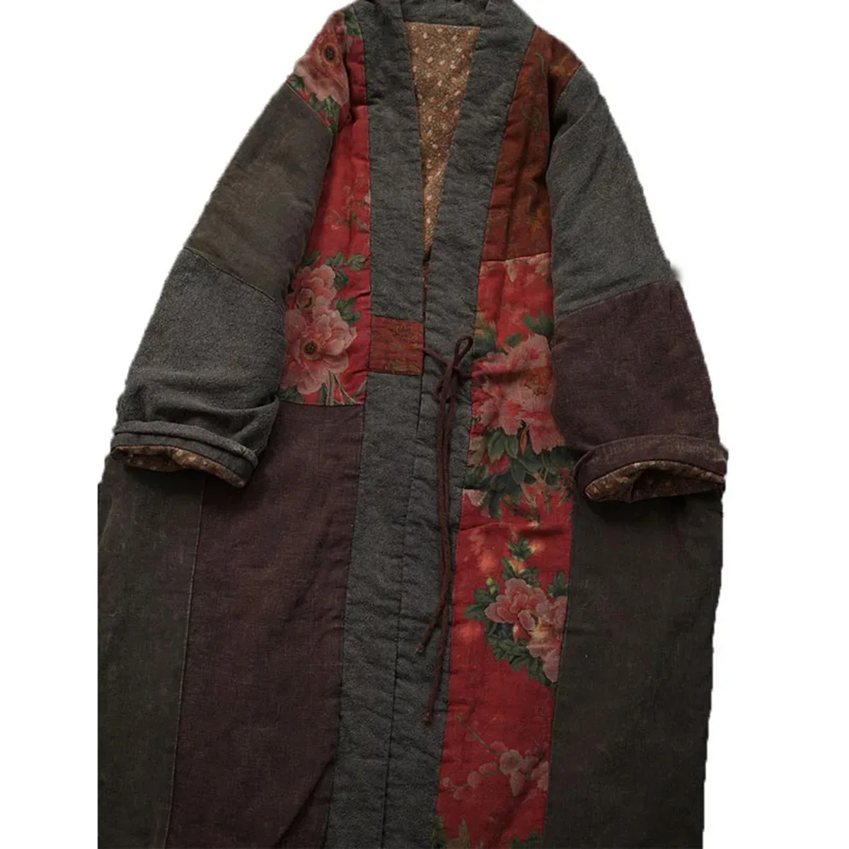 

Chinese Fall Winter Outwear Open Front Cotton-Hemp Splicing Color Loose Jacket Womens Kimono Retro Thin Quilted Knee Length Coat