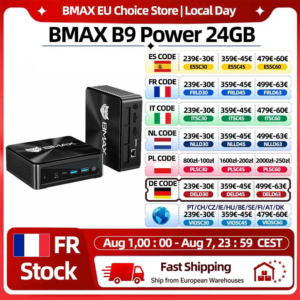 Mini PC BMAX B9 Power, Intel Core i9-12900H, 14 cœurs, max 5,0 GHz, 24 Go de RAM, 1 To SSD, WiFi 6, Bluetooth, HDMI, USB