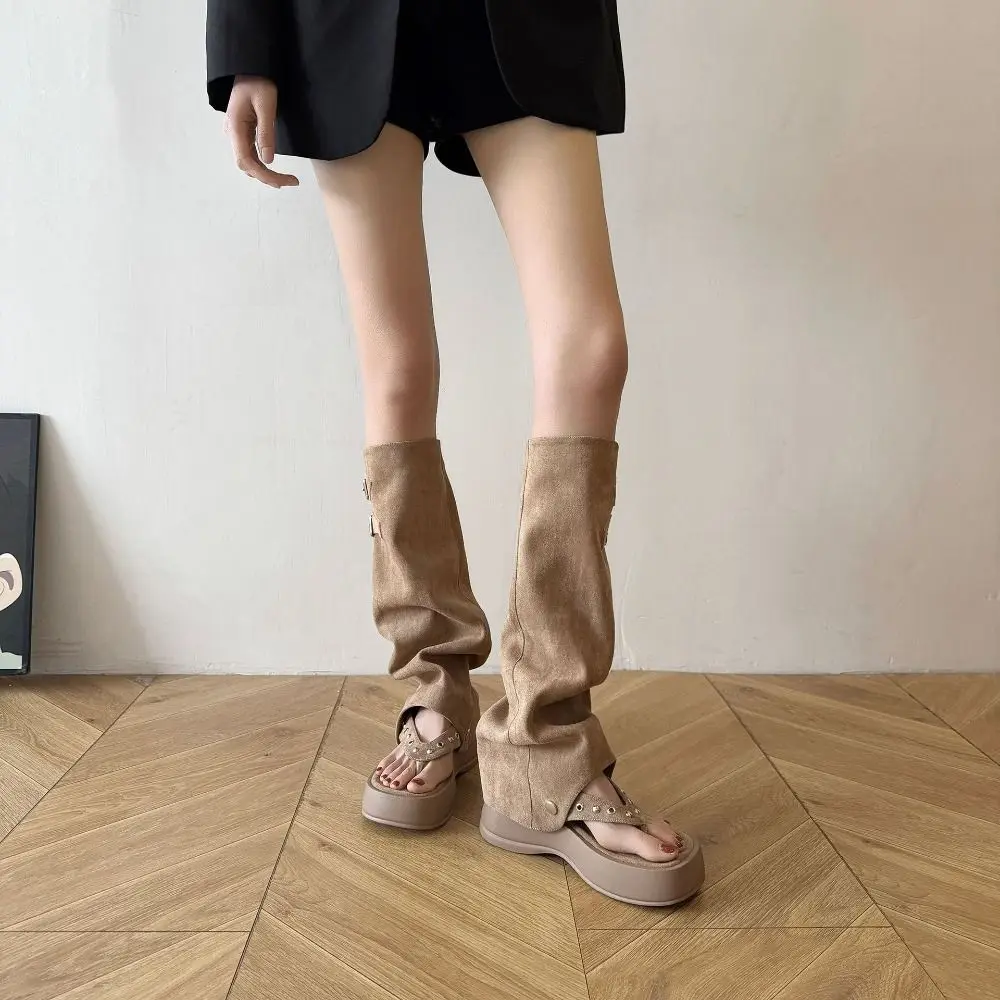 

Casual Designer Women's Sandals Boots Y2k Punk Belt Buckle Open Toe Boots Gothic Thick Soled Knee High Booties Ladies