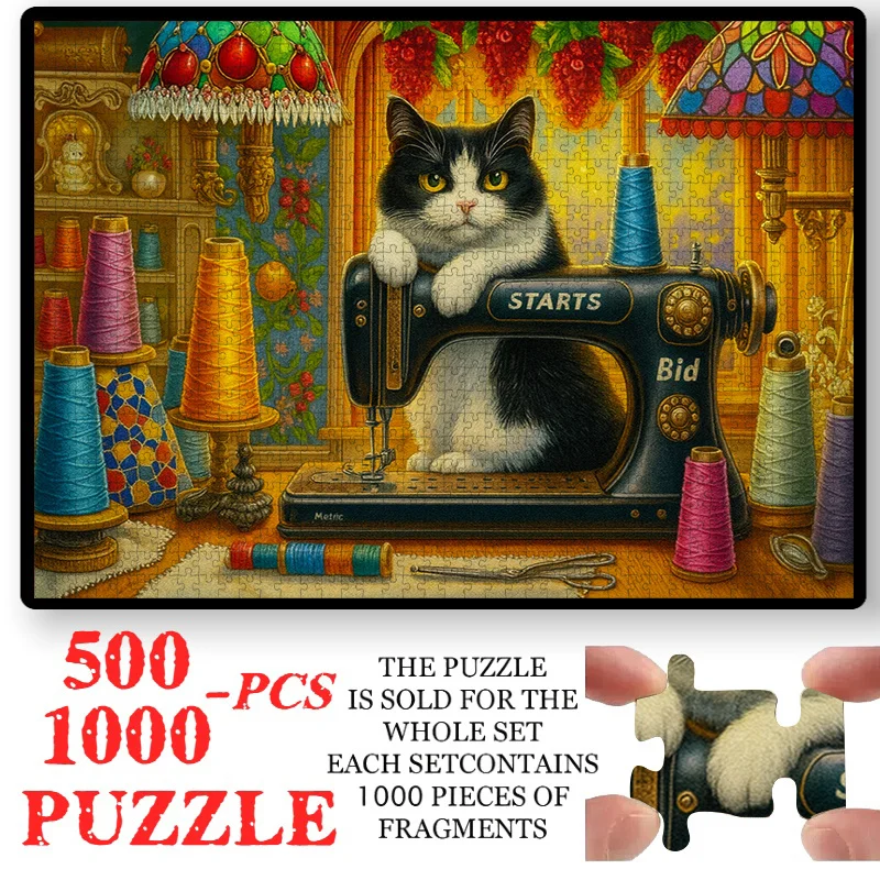 

500/1000pcs Large Jigsaw Puzzle Suitable for Adults - Black & White Cat & Vintage Sewing Machine Theme, Challenging Advanced P