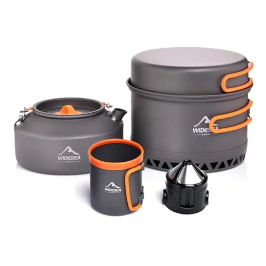 

Camping Cookware Set, Outdoor Cookset with Heat Exchange Ring Pot, 1.5L Pot and 0.8L Pan, 1L Foldable Kettle, 480ml Cup, Reusab
