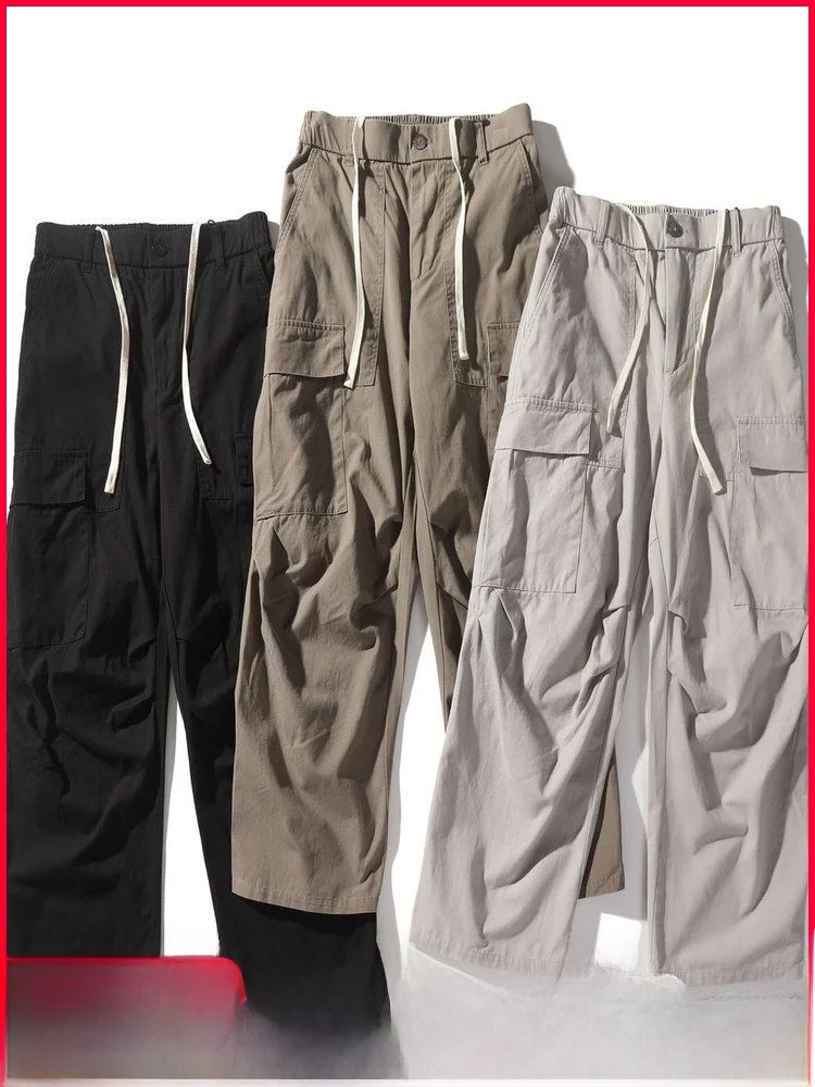 

Американская рабочая одежда, повседневные брюки, мужские прямые хлопковые джинсы с завязками, удобные дышащие брюки с эластичной резинкой на талии