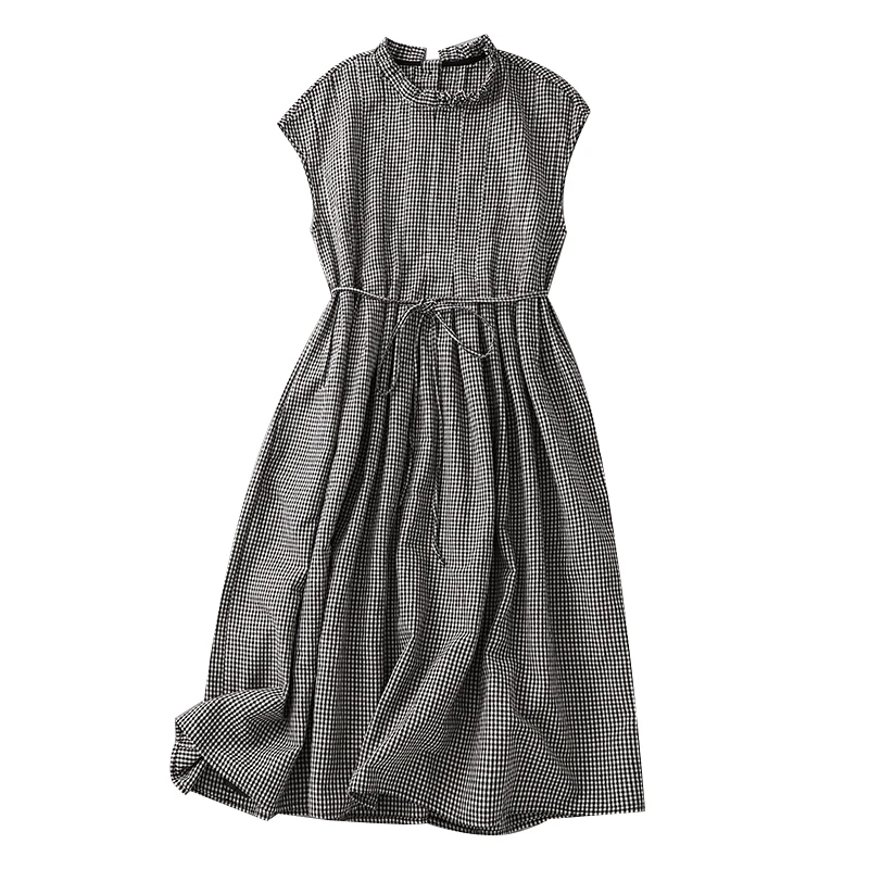 Vestido Midi Hoado de Verano a Cuadros Blancos y Nes, de Aodón, H a Mano, con Cinturón, Cintura Alta, Pado, Sin...