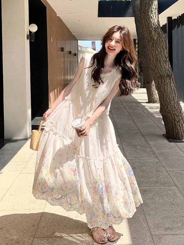 Sweet Floral Print Long Dr Women's Summer 2025 New Sle High Waist A-Line Skirt without Sve round Ne Gored Skirt