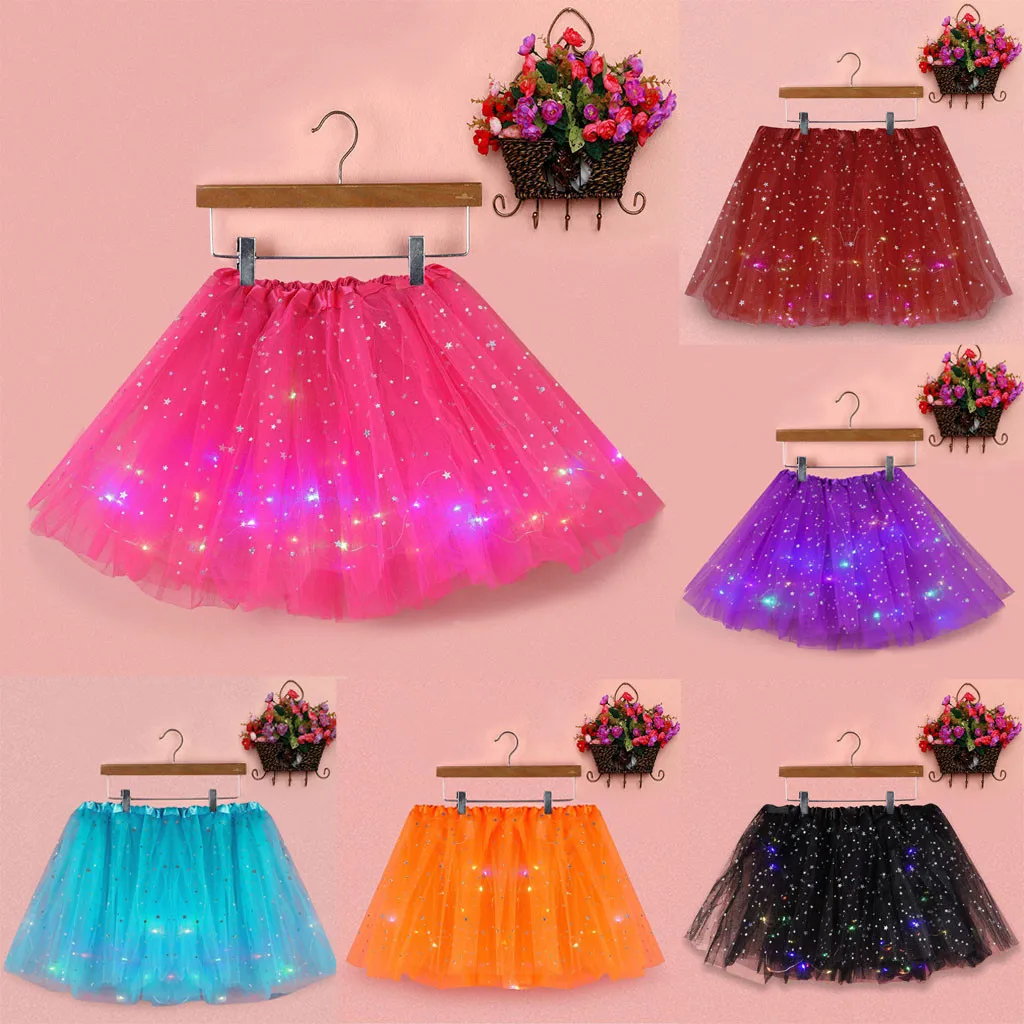 LED Glowing Light Girls Tulle Star Short Tutu Skirt Children Fancy Ballet Dancewear Tulle Light Up Short Dress Light Up Costume