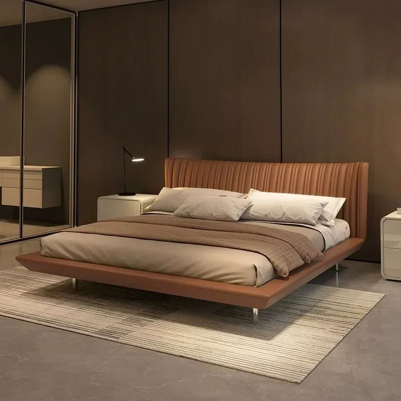 Bedroom furniture Italian minimalist modern minimalist master bedroom first layer cowhide double bed