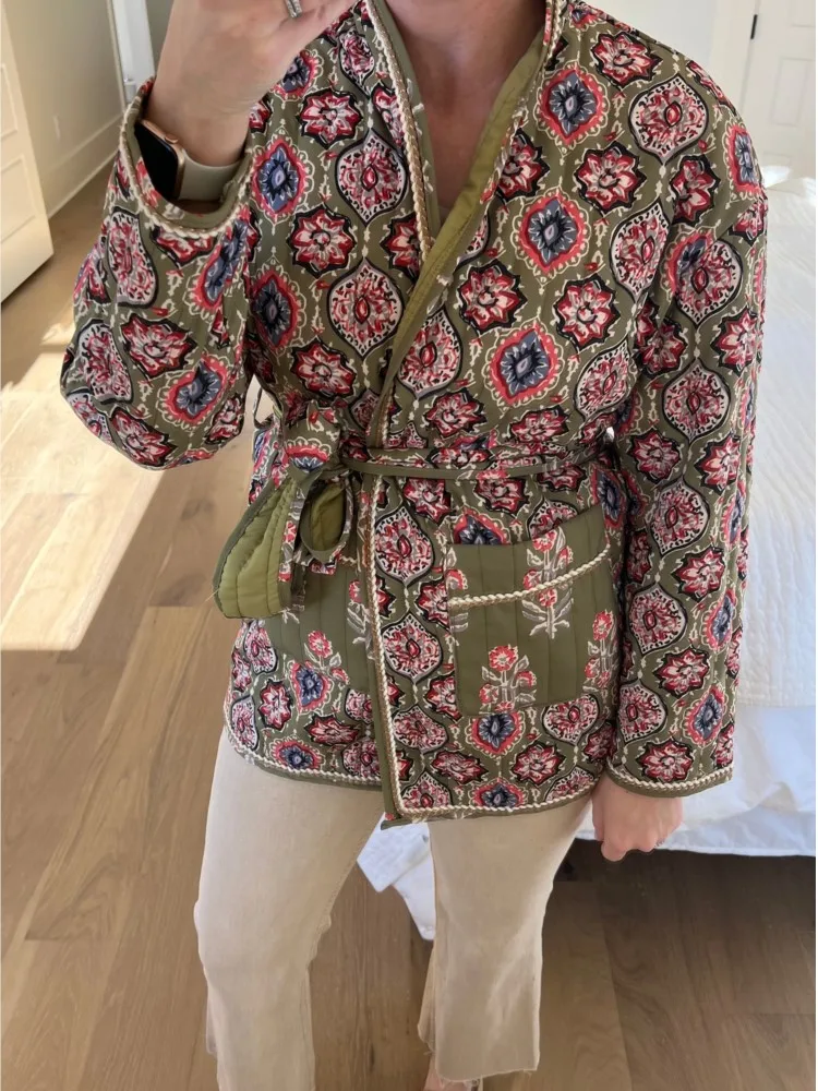 Veste vintage à imprimé floral avec ceinture pour femme, col rabattu, coton matelassé, vêtements décontractés, mode automne, hiver, nouveau, 2024