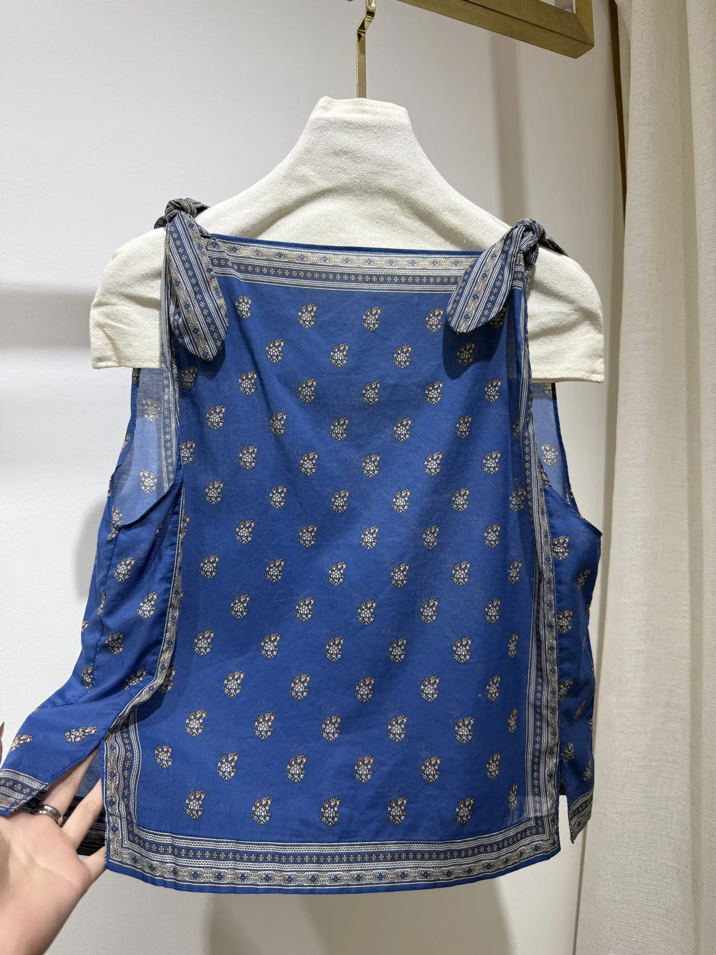 Women's Retro Blue Printed Set Lace Up Vest Formula Towel + Wrinkled Big Swing Skirt