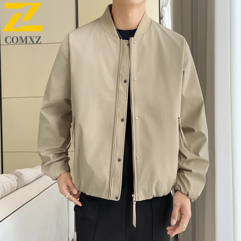 COMXZ Men Jacket Baseball Collar Street Fashion Windproof Motorcycle Coats Versatile Solid Color Riding Lightweight Autumn Coat