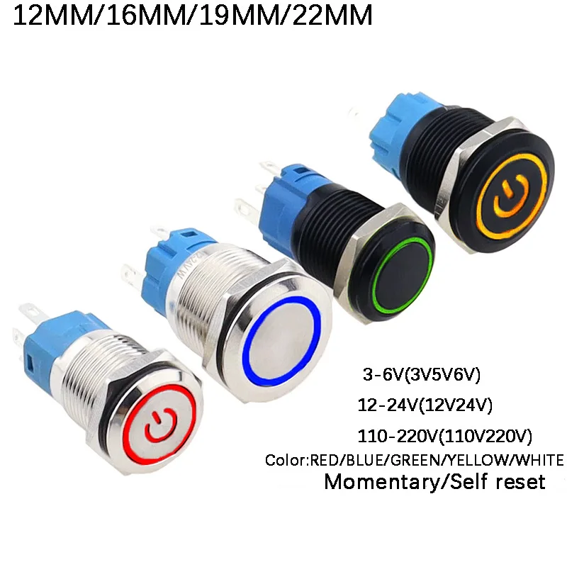 

Self reset Metal Button Switch 12/16/19/22mm Car Engine Power Switch 3V 5v 12v 24v 220v LDE Light Momentary Waterproof Button