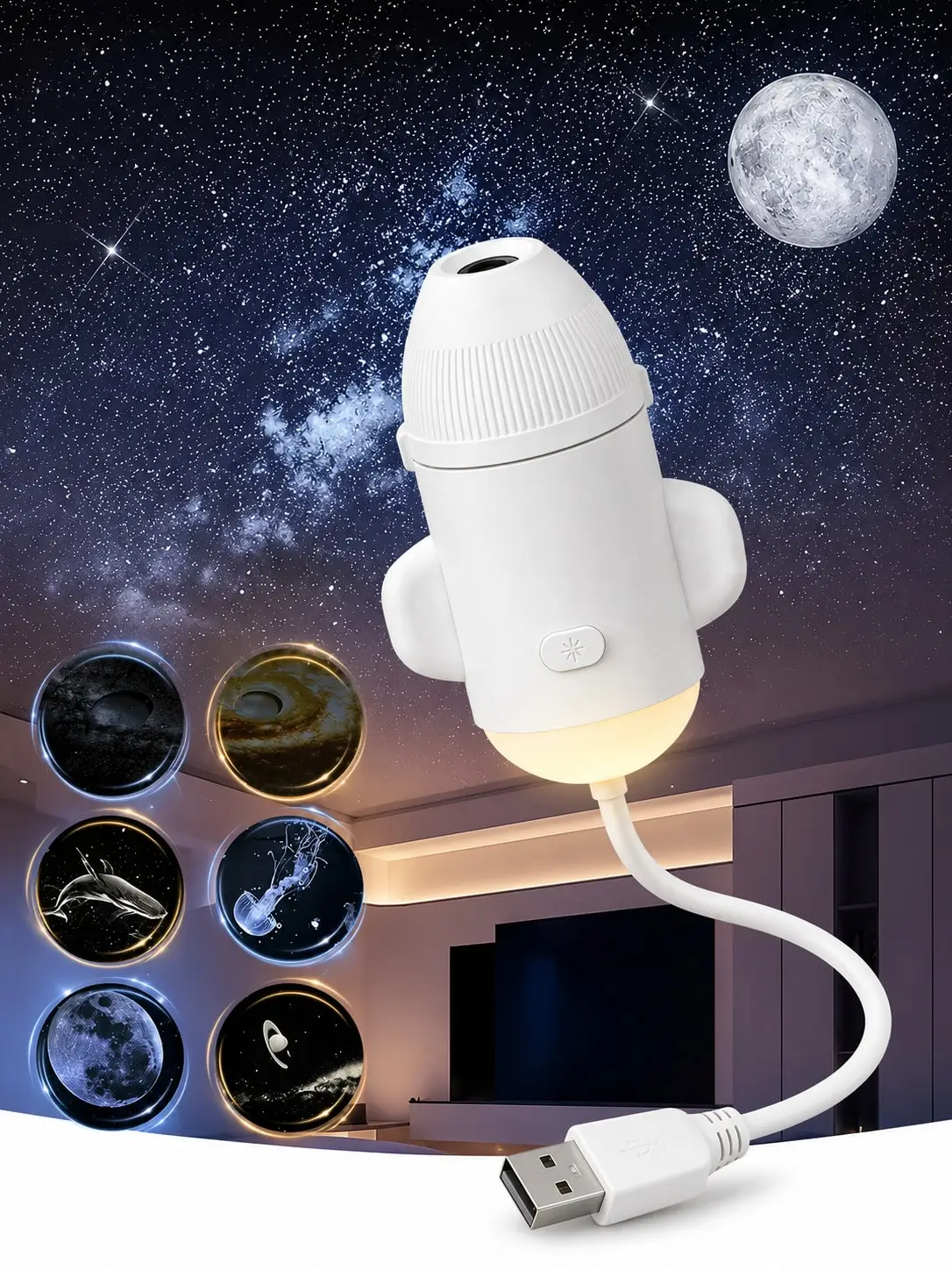 USB Powered Galaxy Projector Lamp With 12 Interchangeable Starry Sky Films And Light Effects, White Rocket Shaped Night Light With Warm Glow, One Button Control And Flexible Adjustable Angle For Bedroom, Room, Bedside, Study, Desk And Car Decor