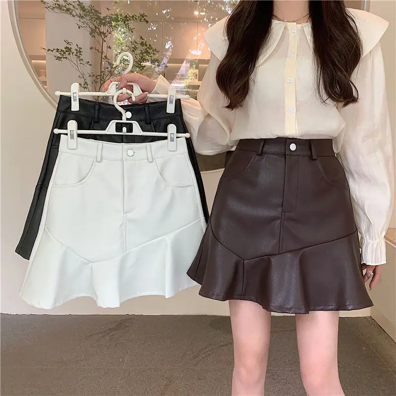 Rok Kulit PU Pinggang Tinggi Seksi Wanita Pakaian Wanita Rok A-Line Bungkus Pinggul Asimetris Fashion Baru Musim Panas untuk Wanita