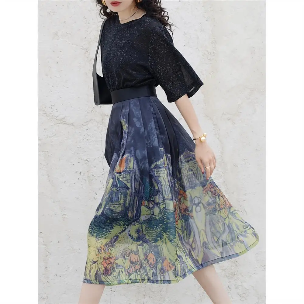 Temperament Elegant Fashion High Waist Irregular Skirts Lace Printing Streetwear A-line Skirt Korean Women's Clothes 2023