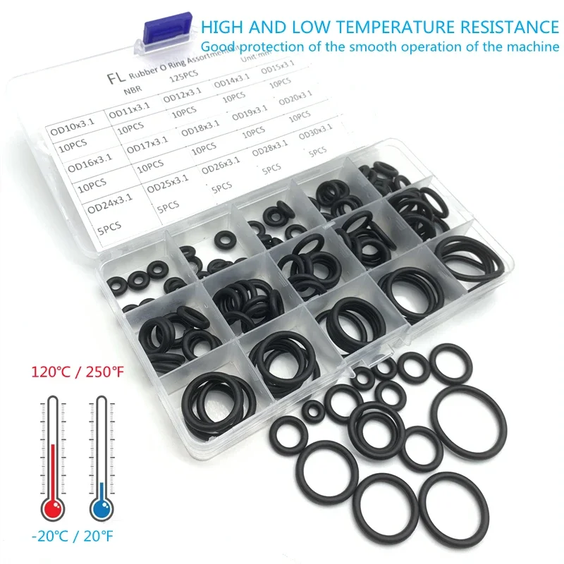 125pcs/box Rubber O-Ring Thickness 3.1mm Black O-Ring Seal Set Nitrile Gasket High Quality Automotive Gasket 15 Sizes