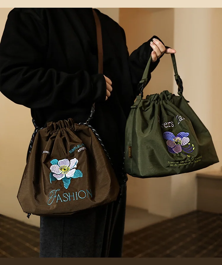 High-End Embroidered Keep Warm Crossbody Insulated Bag Nylon Water-Resistant Thermal Beto Bag Hand-Held Lunch Box Bag