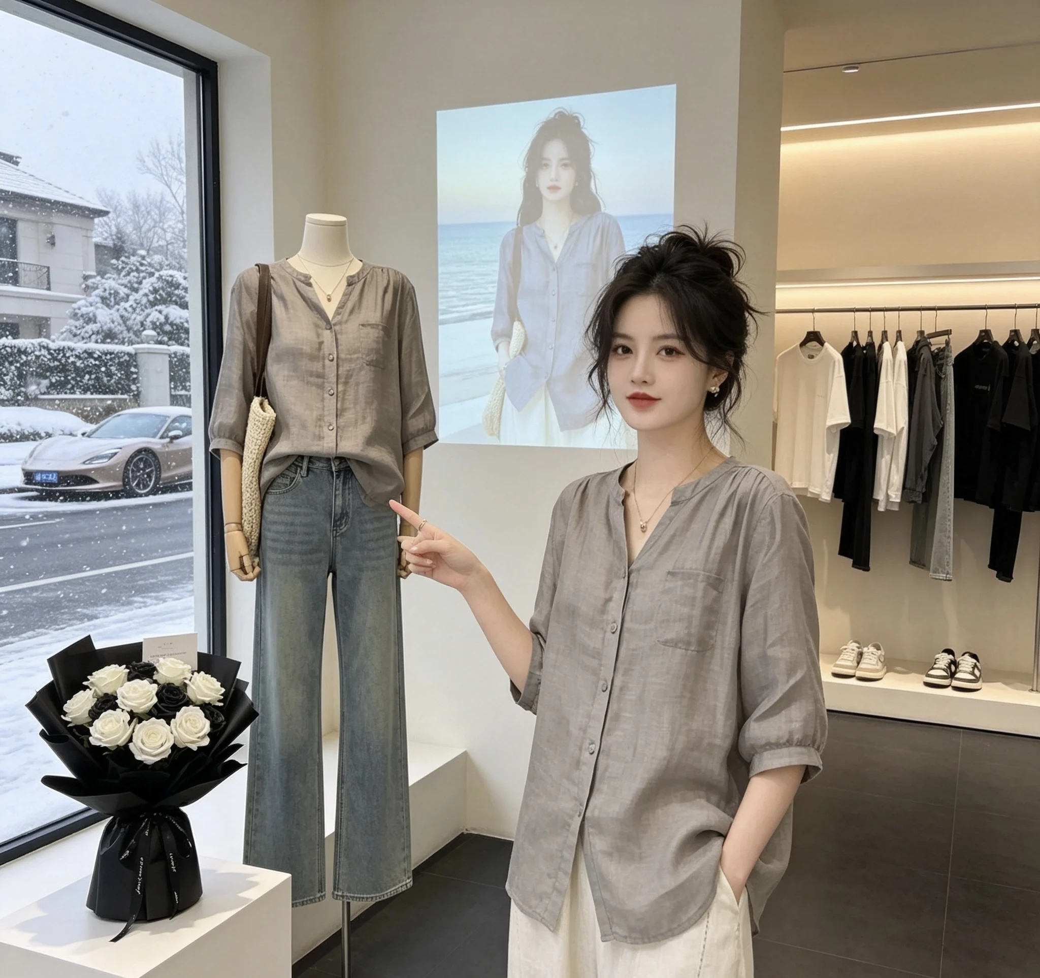 

Summer 2026 Women's Loose Fit V-Neck Short Sleeve Pure Color Shirt Korean Style Casual Breathable Polyester Top