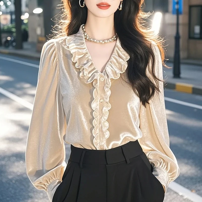 2024 Autumn Winter Casual Clothing Noble Luxury Velvet Top Apricot Lantern Sleeve Pullovers Blouse Retro Women Blouse