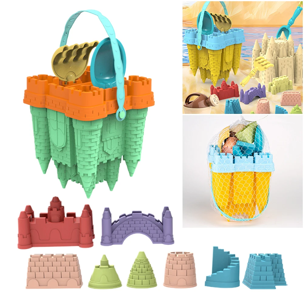 Sand Castle Building Kit 14Pcs Beach  with Sand Castle Molds Watering Can Rake Shovel Sand Castle  for Beach for Kids