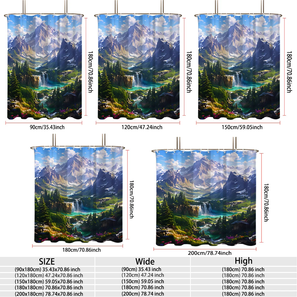 Waterproof Mountain Waterfall Nature Landscape Shower Curtain Bathroom Decor Print Liner Tropical Alpine Style