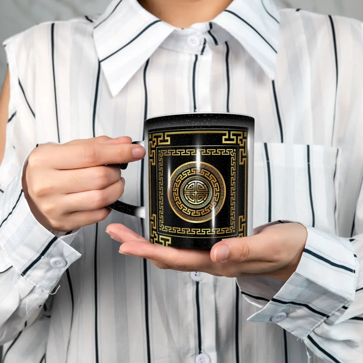 Greek Key Meander Black Gold Large Mug Funny Ceramic Coffee Cups Tea Mugs Milk Cup Drinkware Gifts for Woman Man
