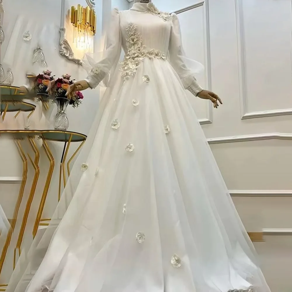 

Beautiful Wedding Dresses High Neck Long Sleeve Garden Bride Dress Flowers A Line Muslim Bridal Gown Customized robes de soirée