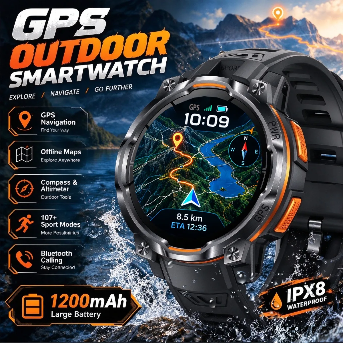 Altimeter Compass Watch - 전문가용 GPS 스마트 워치 (남성용): 블루투스