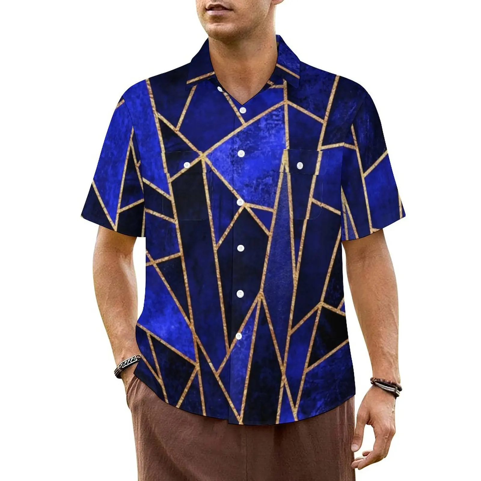 

Blue Geometry Hawaiian Shirt Male Beach Gold Line Print Casual Shirts Short Sleeves Streetwear Design Novelty Oversized Blouses