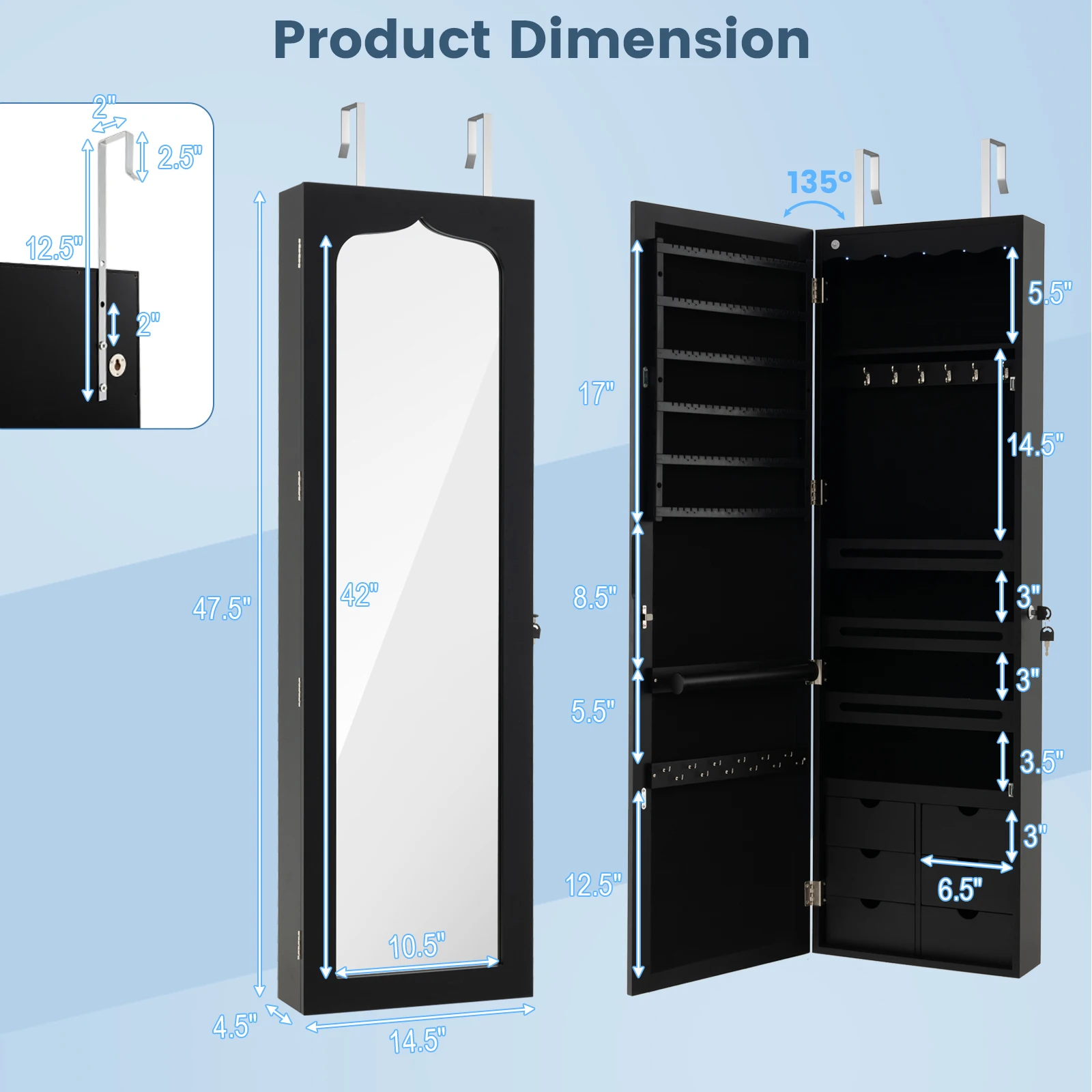 Pintu dinding dipasang cermin LED kabinet perhiasan lemari dapat dikunci dengan 6 laci hitam