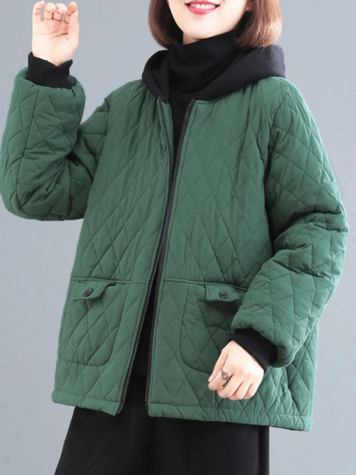 

Теплая женская осенняя куртка-пальто большого размера с капюшоном, утепленная хлопковым наполнителем, с ромбовидным узором в стиле ретро