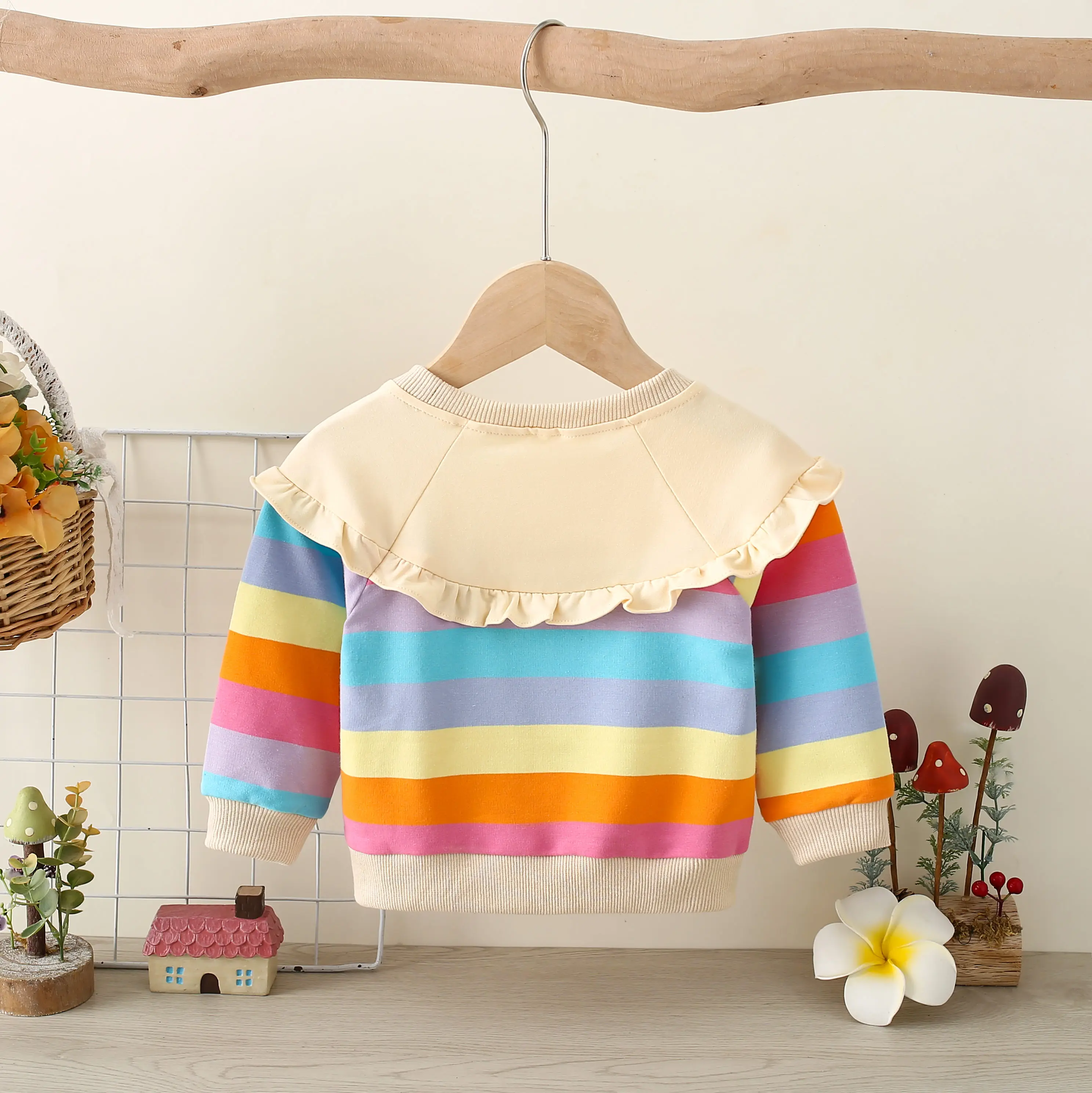 Summer New Baby Girls Dress Rainbow Lace Pleated Hoodie Long Sleeve Rainbow Striped Bow Sweet Casual Round Neck