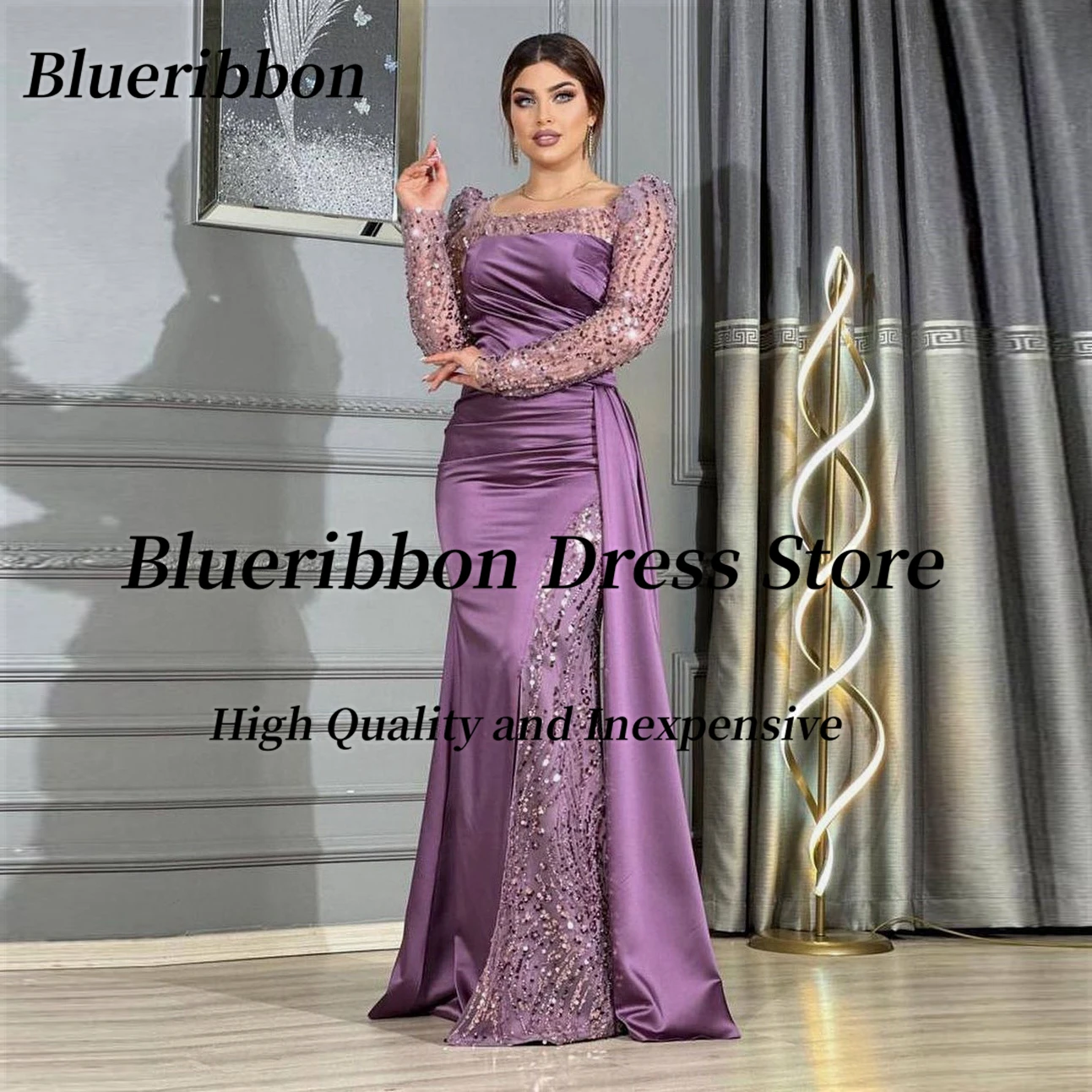 

Blueribbon Sparkling Sequins Mermaid Prom Dresses Saudi Party Women Wear Evening Gowns Long Sleeves Mother of the Bride Dress