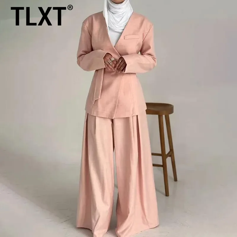 

TLXT Women's Fashion 2 Piece Set V Neck Double Breasted Belt Gathered Waist Blazers+high Waist Loose Pants 2025 Autumn New