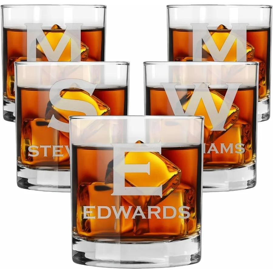 

Custom Engraved Whiskey Glass 11 oz Personalized Tumbler with Modern Monogram and Last Name Elegant Barware for Weddings Grooms
