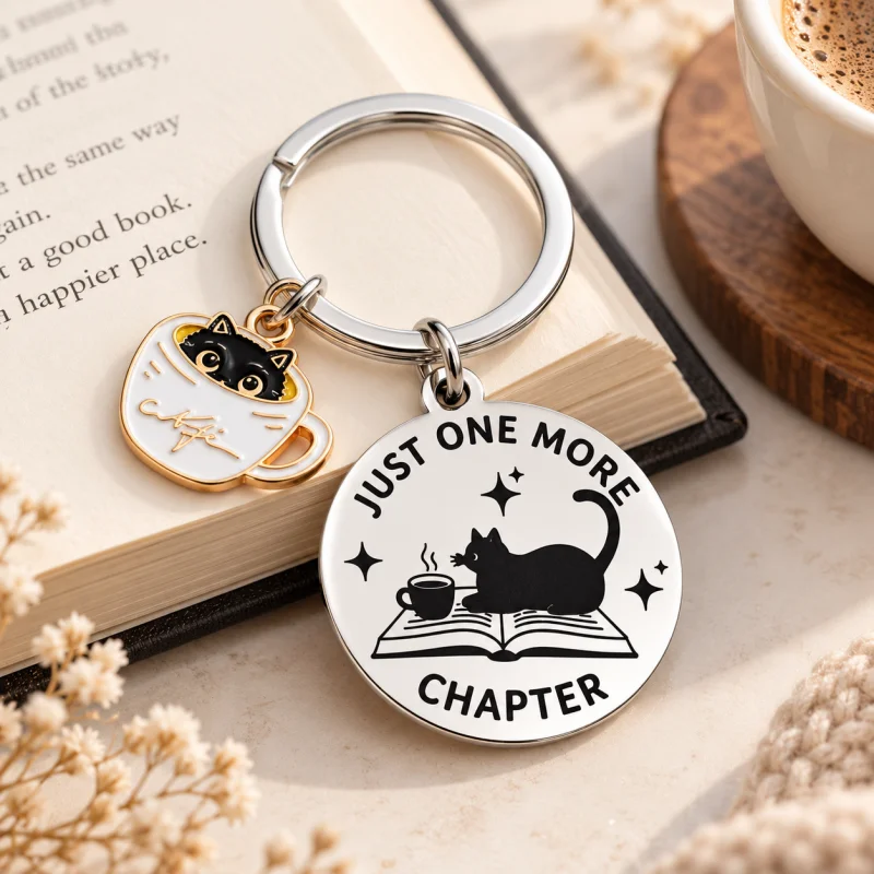 Cat Reading Book Keychain, Just One More Chapter Black Cat Coffee Cup Pendant Key Ring, Book Lover Gift, Bag Charm Accessories