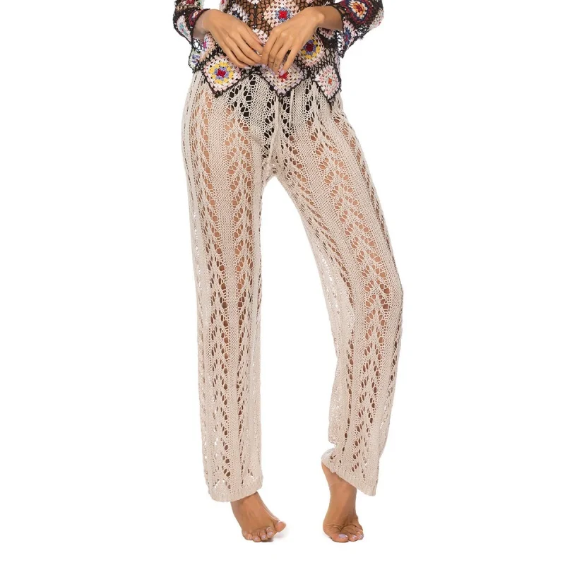 Sexy Knitted Beach Wear Women Pants Hollow Out See Through High Waist Drawstring Straight Pants Beach Style Bikini Cover Up 2025