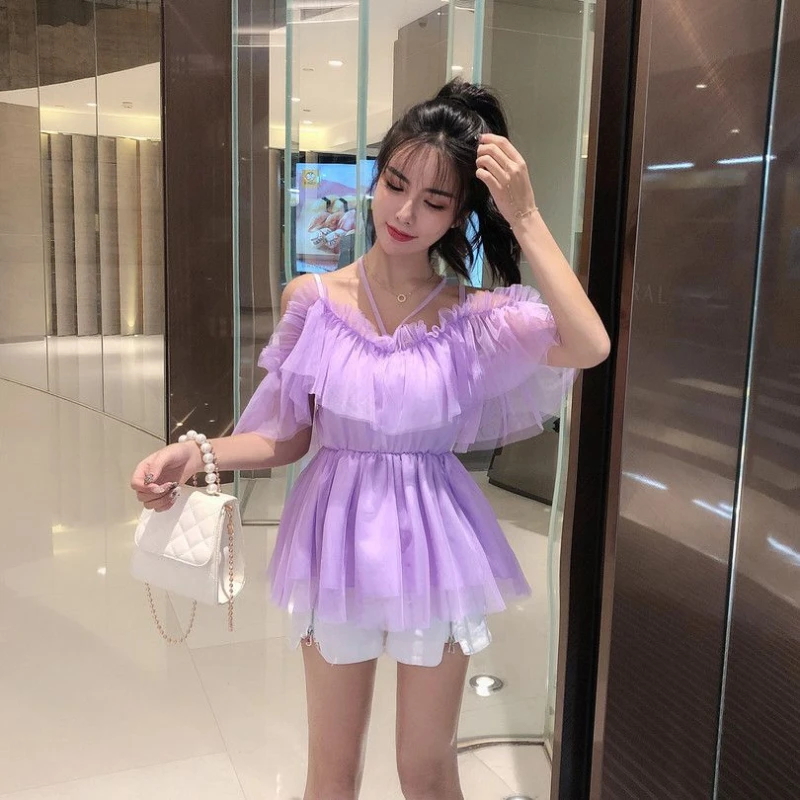 2024 Summer New Version of a Neck Halter Mesh Women's Tops Waist Slim Hundred Sweet Puffy Shirt Q06