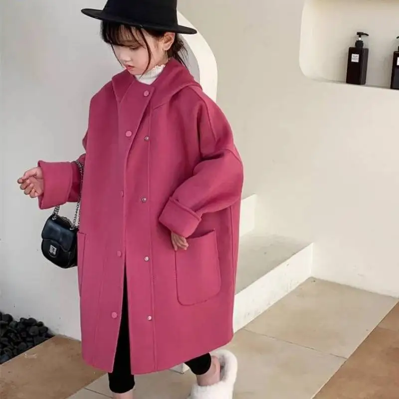 Girls Double Sided Cashmere 2023 Autumn and Winter New Fashion Coat Children Woolen Fabric Mid Length Korean Edition Coat