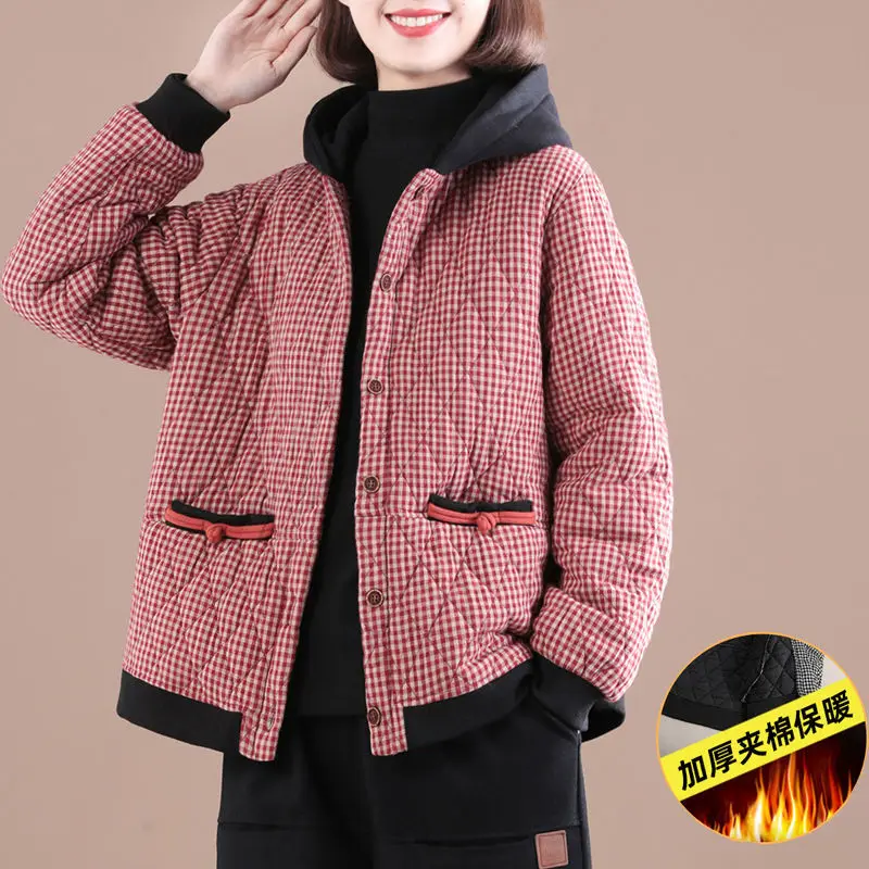 2024 Winter Plaid Hooded Cotton Short Coats Women\'s Clothing Disc Buckle Quilted Thick Warm Padded Jackets Girls Outerwear fp263