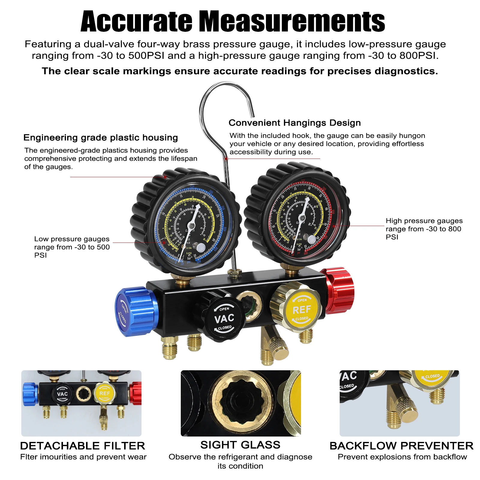 Manifold Gauge Set Air Conditioning Refrigerant Charging Tool 4-Way Dual-Value Pressure Gauge with 5ft Hose Brass Quick Coupler